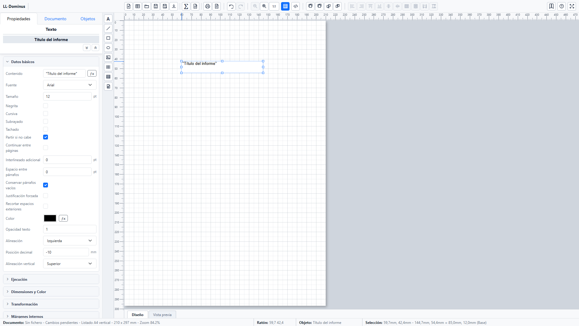 Vista general actual del diseñador con todos los iconos de la barra superior, las pestañas Propiedades, Documento y Objetos, el grupo Datos básicos, la barra completa de herramientas de objetos, el papel, las reglas y la barra de estado unificada.