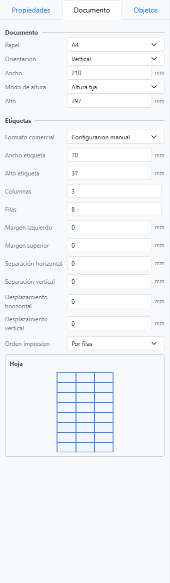 Pestaña Documento de una plantilla de etiquetas con la configuración del papel, las medidas, los márgenes y la distribución.