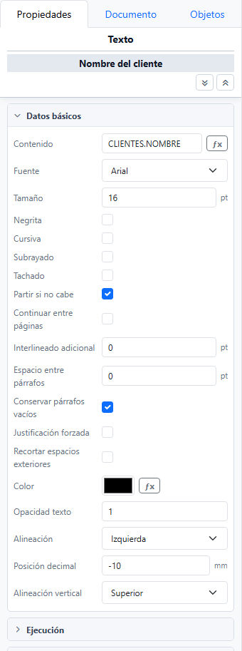 Panel de propiedades de un texto con cabecera fija, botones globales y el grupo Datos básicos desplegado.