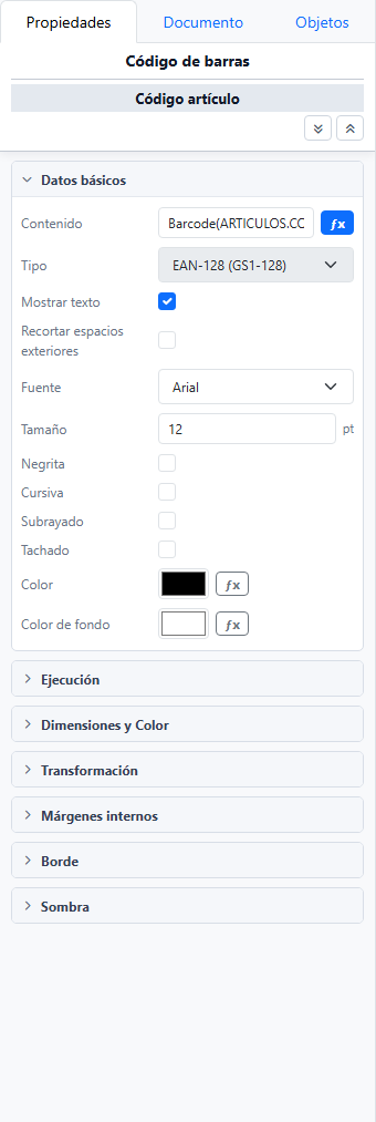 Panel actual del objeto código de barras con el grupo Datos básicos, contenido, tipo EAN-128 y opción Mostrar texto.