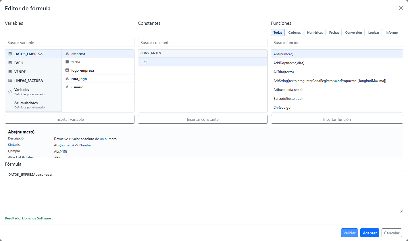 Editor de fórmulas con variables, constantes, funciones, documentación, expresión y validación.