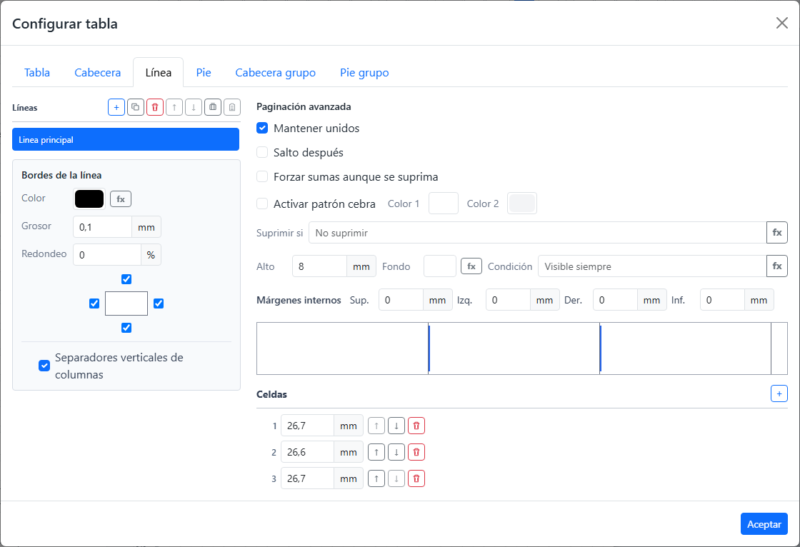 Editor de tabla con pestañas, lista de líneas, opciones de paginación, bordes, celdas y anchos.