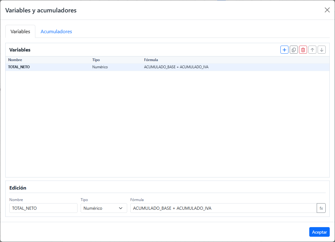 Ventana Variables y acumuladores con lista, botones y editor de nombre, tipo y fórmula.