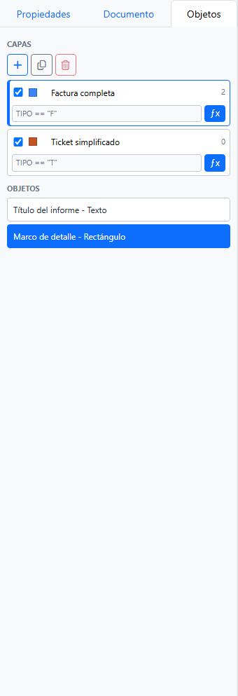 Tercera pestaña, Objetos, con la lista de capas y los objetos de la capa activa.